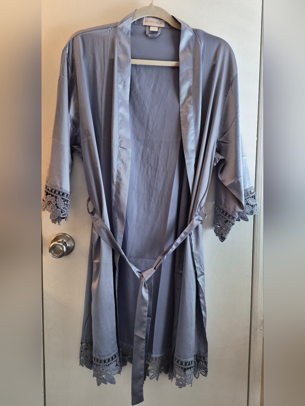 Kennedy Blue Light Blue Satin Robe with Crochet Lace Trim